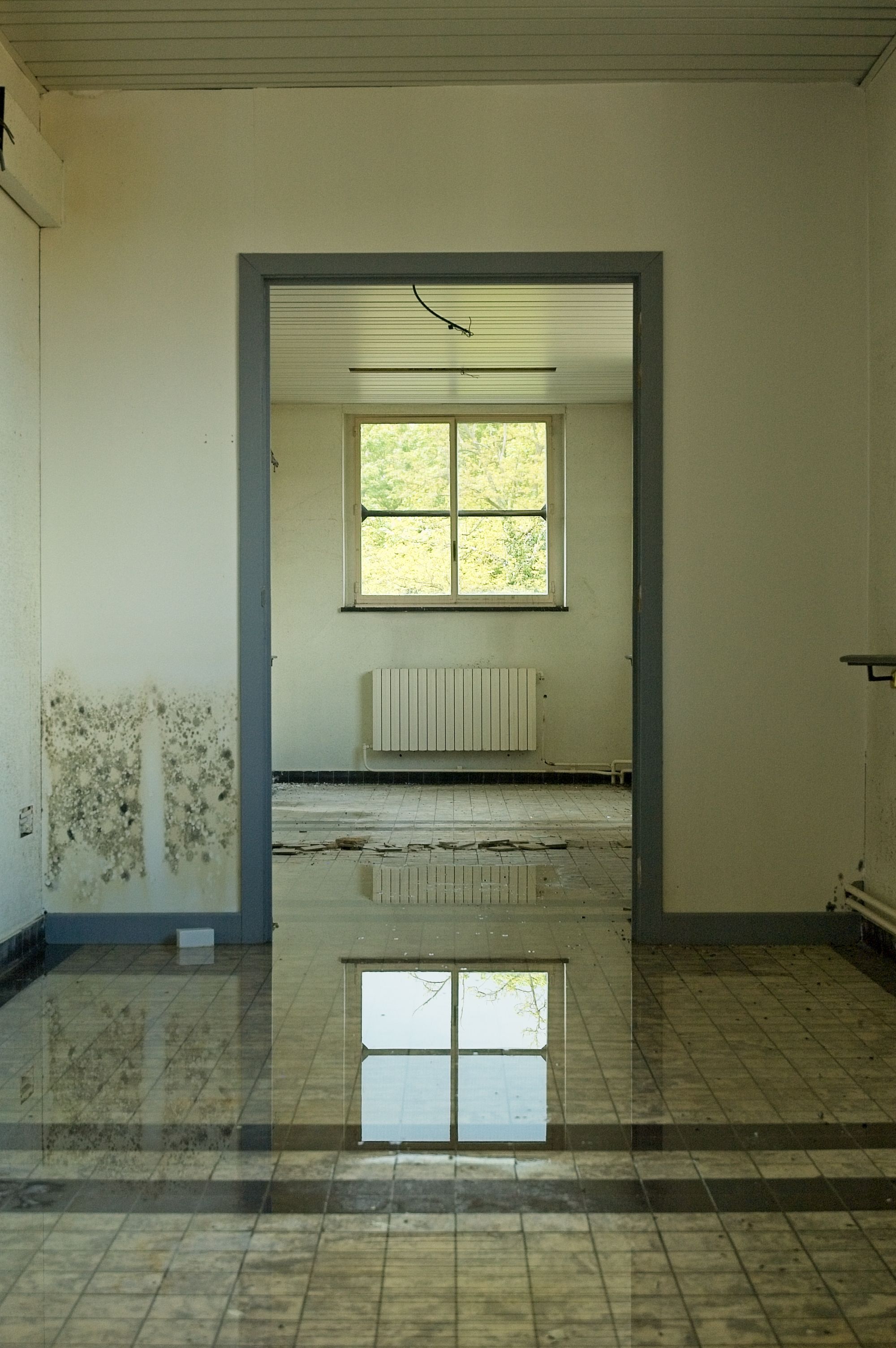 Flooded interior floor after a water intrusion event